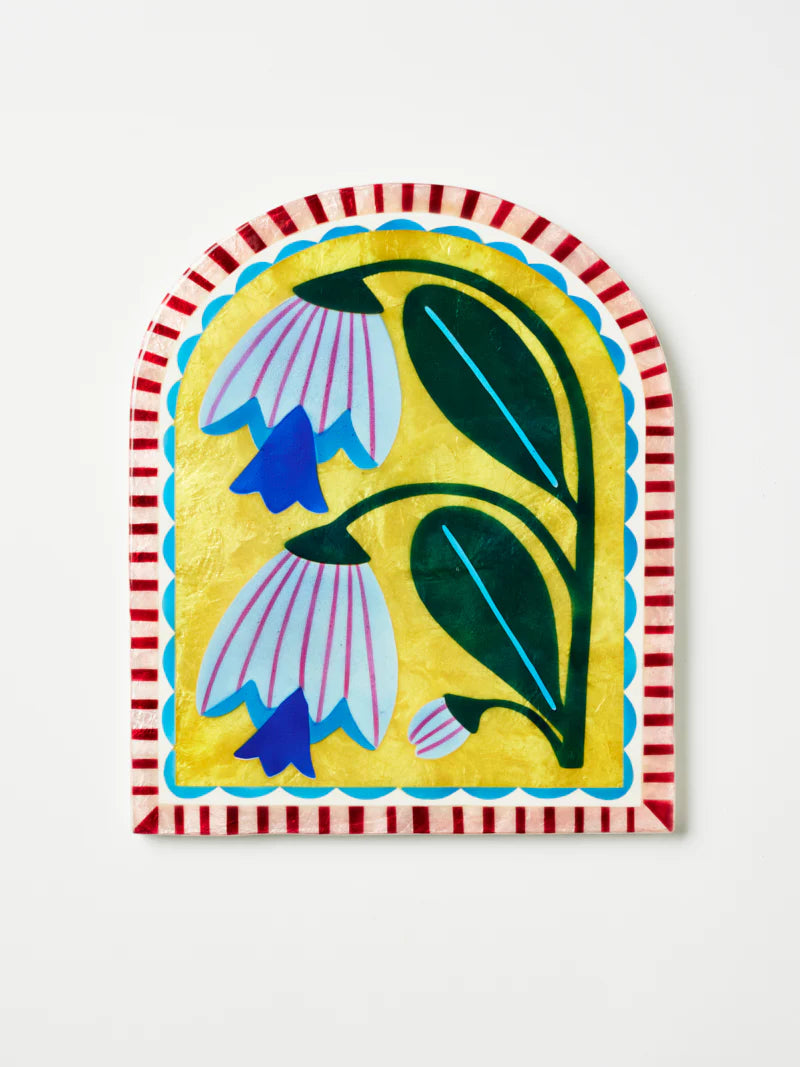 Capiz-Shell hanging arch wall tile Blue Flowers on yellow background