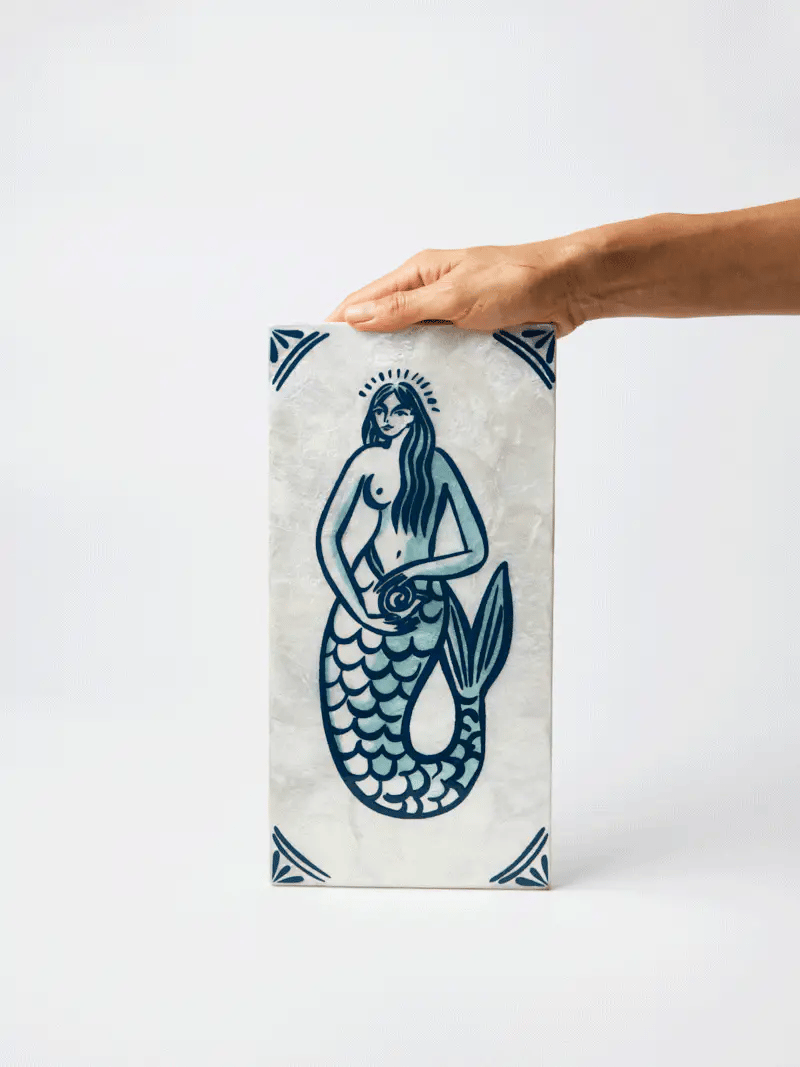 blue and white mermaid hanging tile 