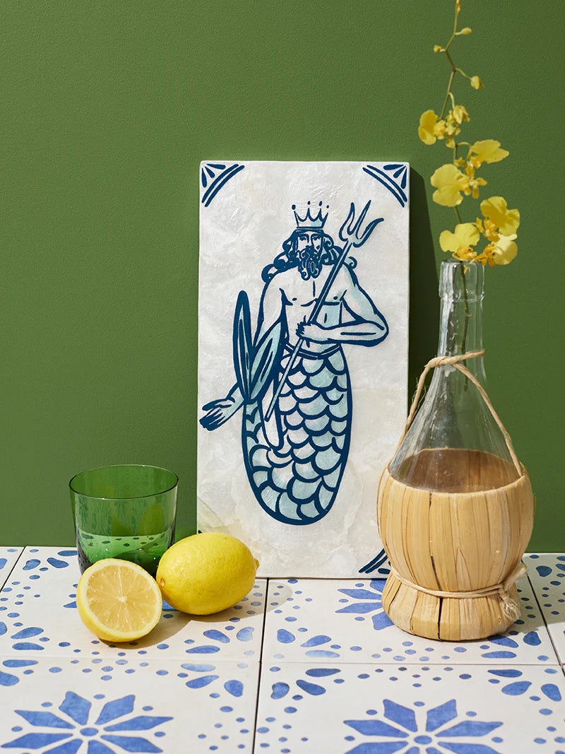 Blue and white trident merman hanging wall tile